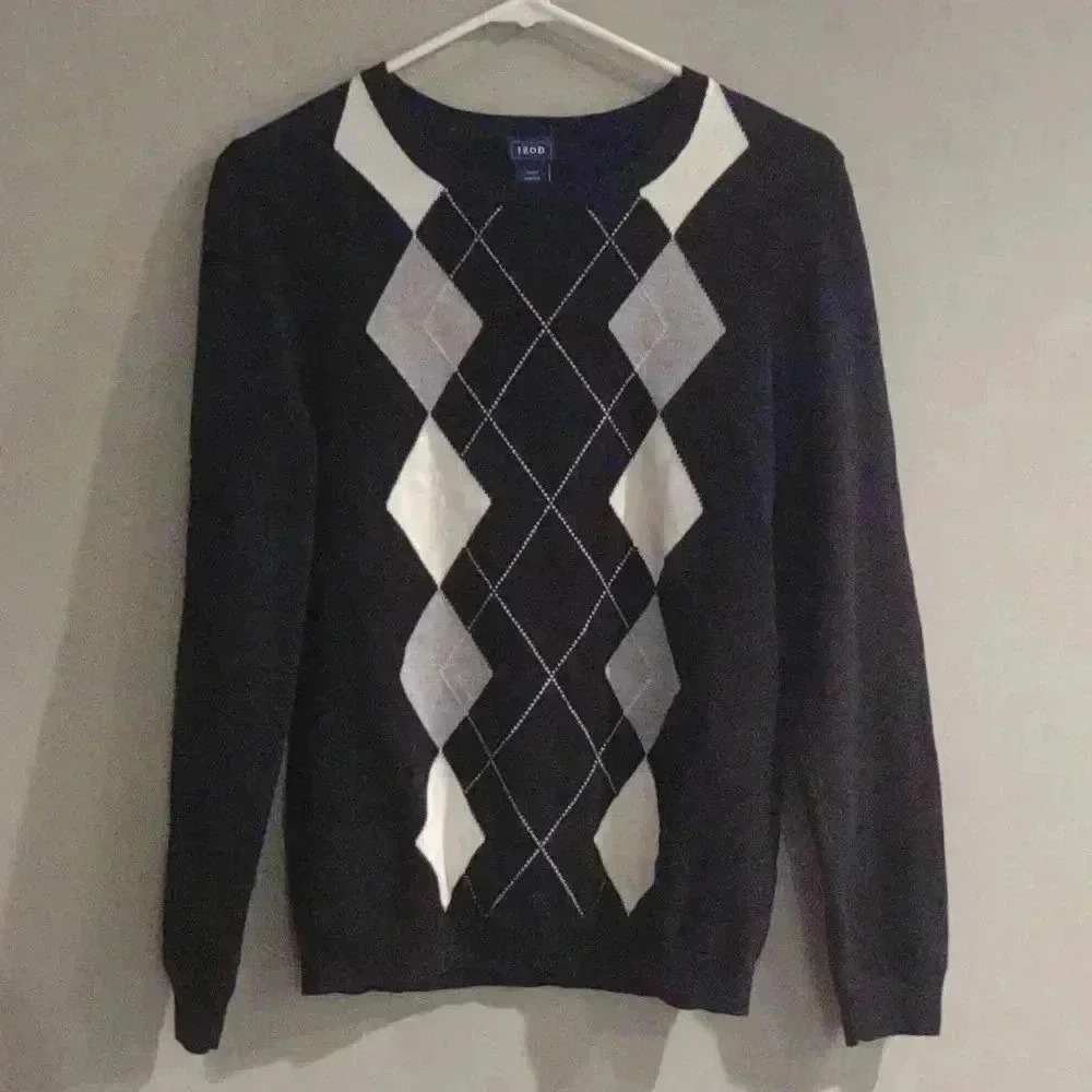 Izod black gray white argyle long sleeve sweater women's small